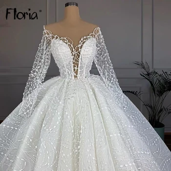 Роскошное Свадебное платье с длинным рукавом в Дубае, расшитое бисером, Блестящее Свадебное платье с V-образным вырезом, Бальное платье, Пышные платья, Вечерний Халат de mariee Plus